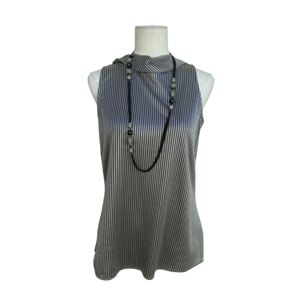 Etcetera Blue Silver Metallic Striped Sleeveless Blouse Draped Neck Back Medium